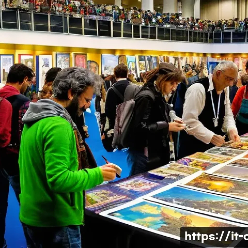 피규어 수집가를 위한 전시회 정보 - A vibrant scene inside a large Italian convention center during Lucca Comics & Games, featuring dive...