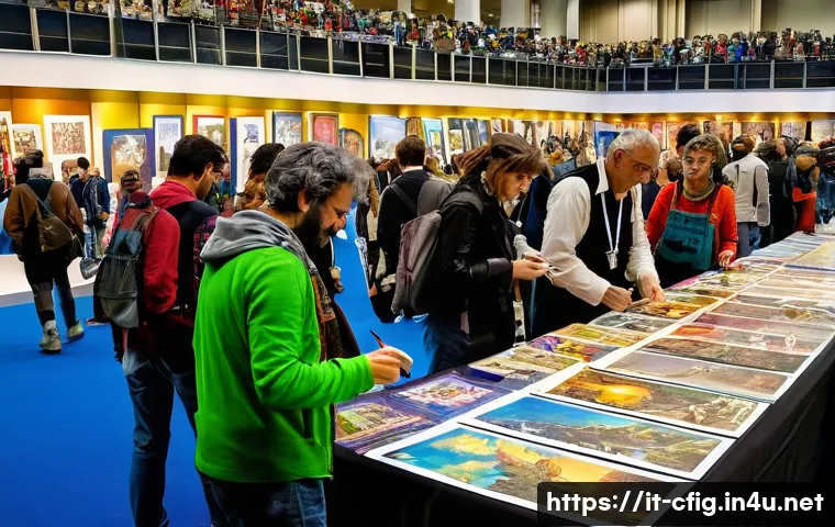 피규어 수집가를 위한 전시회 정보 - A vibrant scene inside a large Italian convention center during Lucca Comics & Games, featuring dive...