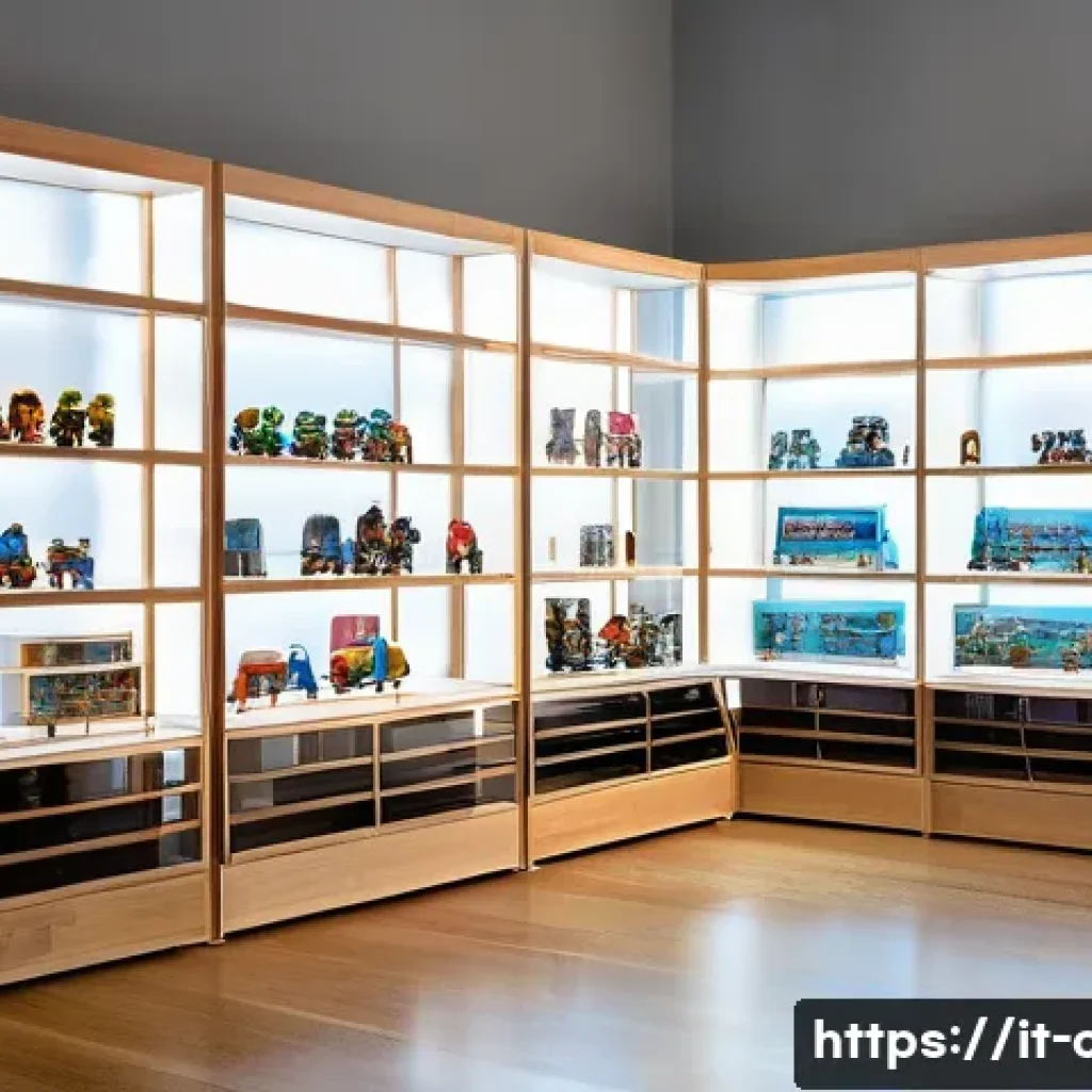 피규어 컬렉션 정리하는 법 - A modern collector's room featuring adjustable modular shelves made of light wood and transparent pl...