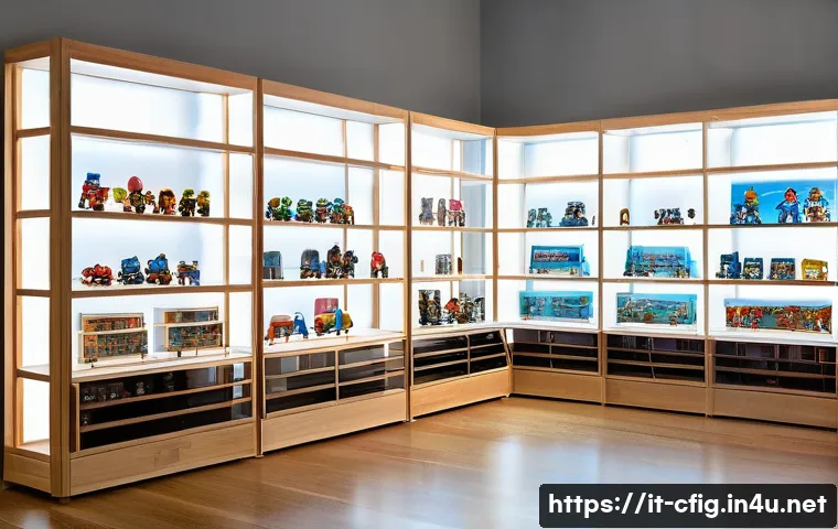 피규어 컬렉션 정리하는 법 - A modern collector's room featuring adjustable modular shelves made of light wood and transparent pl...